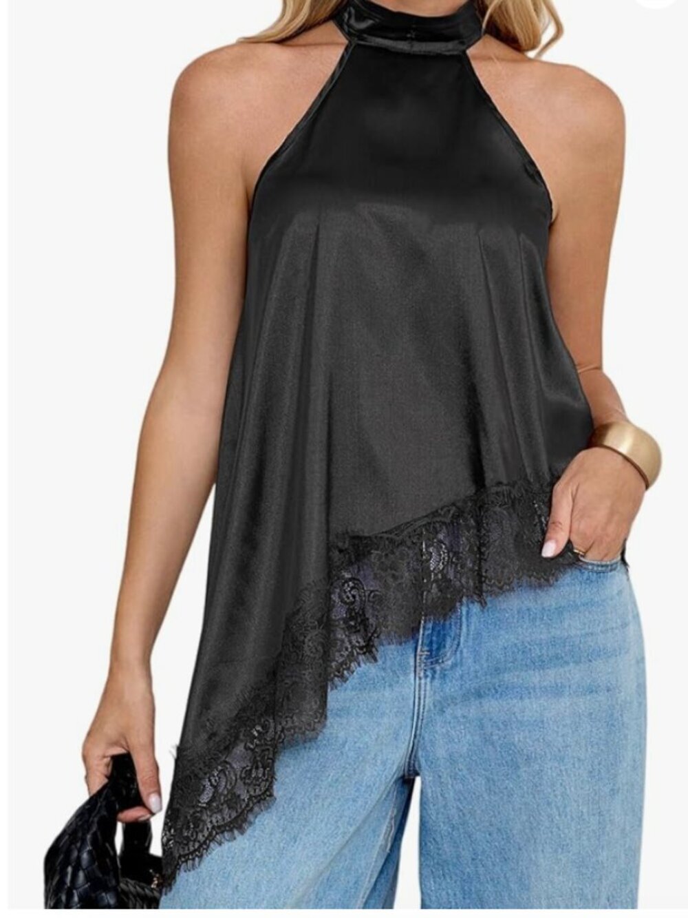 NWT Women's Black Satin Halter Top Size Large